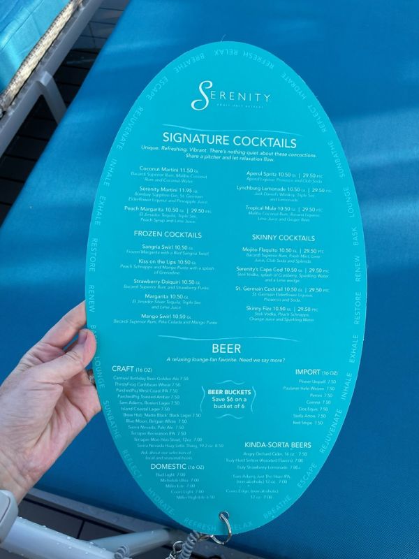 A close-up of a hand holding the 'Serenity' bar menu aboard a Carnival cruise, detailing an array of signature, frozen, and skinny cocktails, as well as beer selections, presented on a teal oval background, complementing the sun-kissed pool deck ambiance.