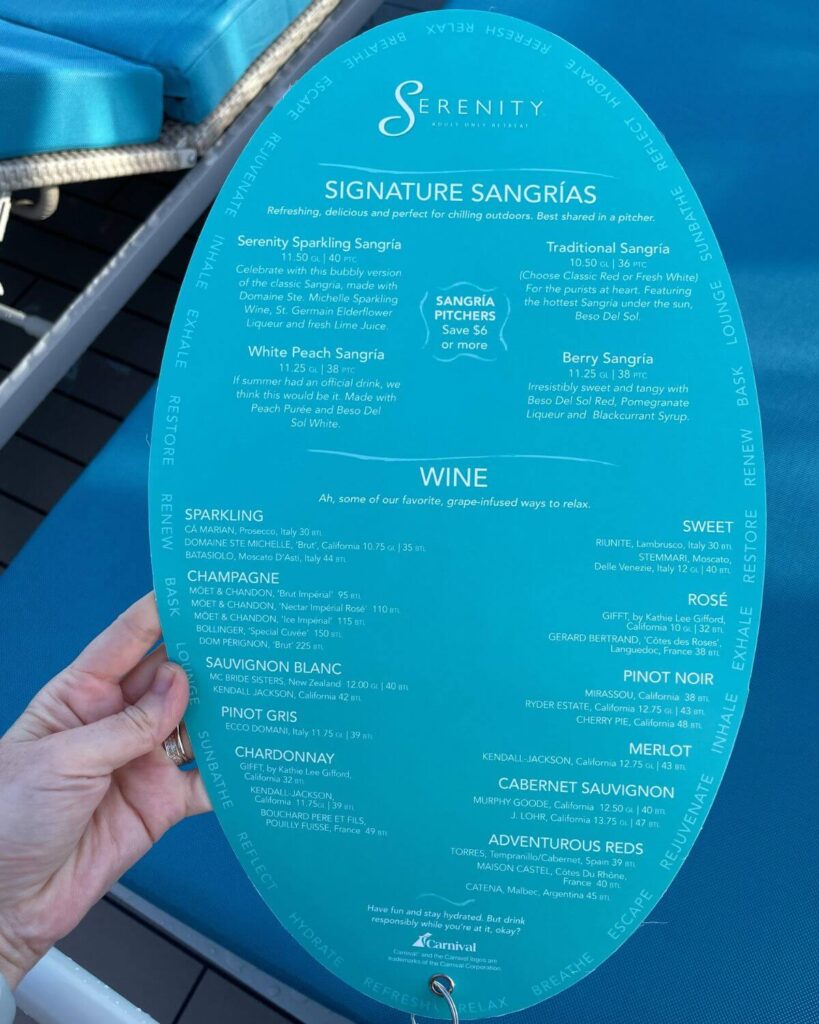 Carnival Serenity Bar drinks menu