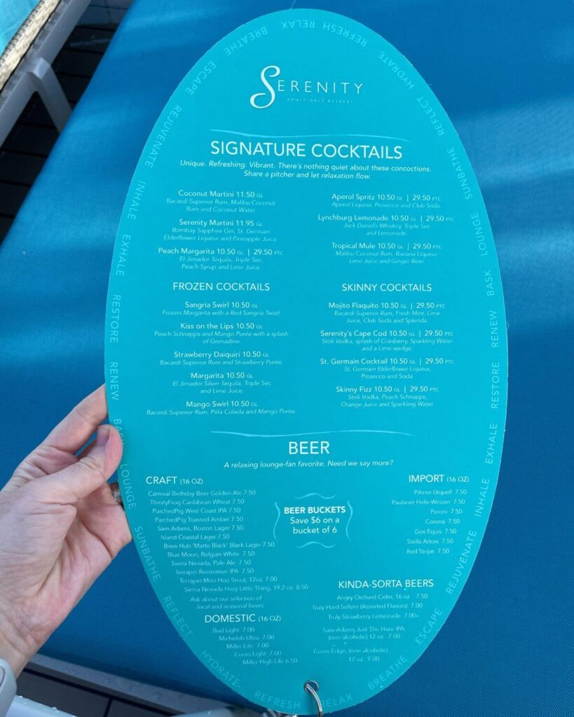 Carnival Serenity Bar drinks menu