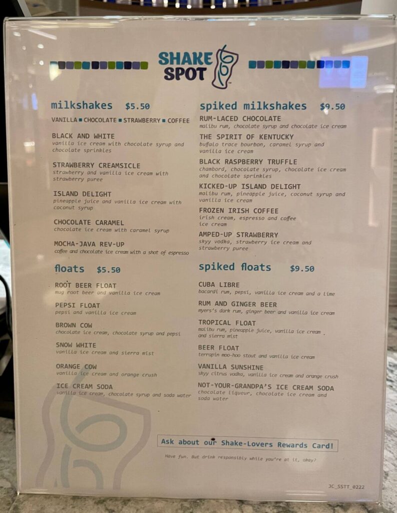 Carnival Shake Spot drinks menu
