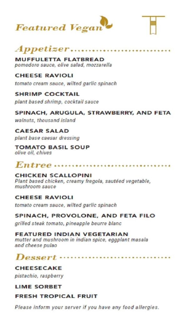 Carnival Vegan Menu