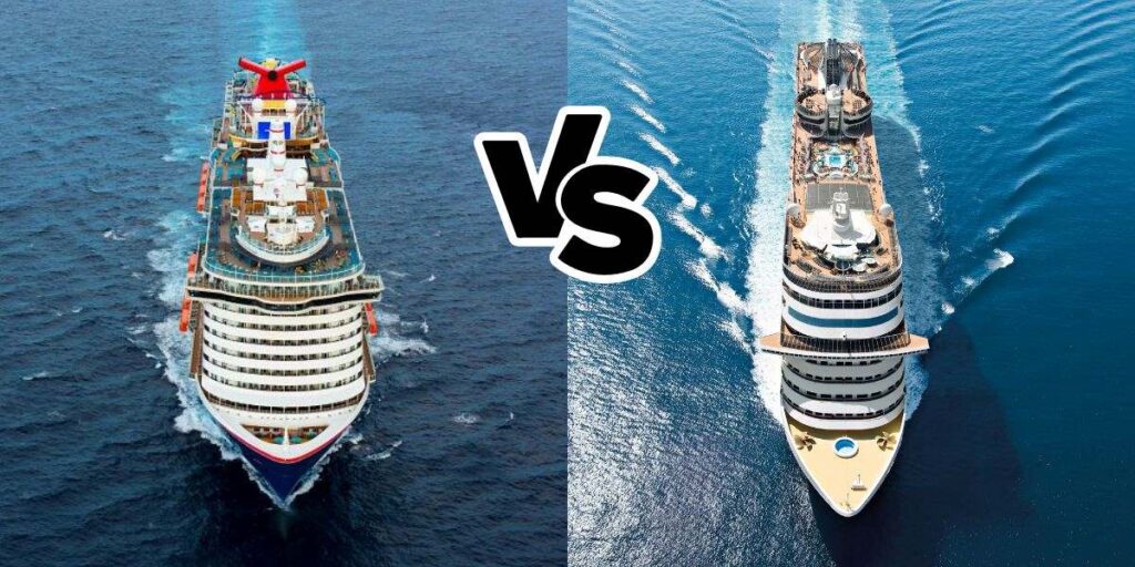 A side-by-side comparison of two cruise ships at sea with 'vs' in the middle, depicting a Carnival cruise ship on the left with its distinctive red funnel and an MSC cruise ship on the right with its classic navy blue and white color scheme, both cutting through the ocean waters.