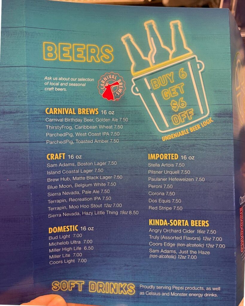 Carnival Atrium Bar beer menu