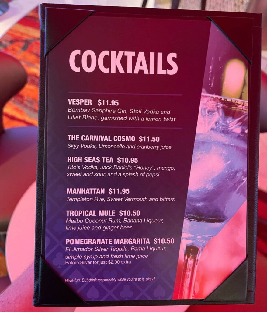 Carnival cocktail menu