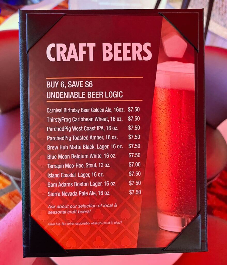 Carnival craft beer menu