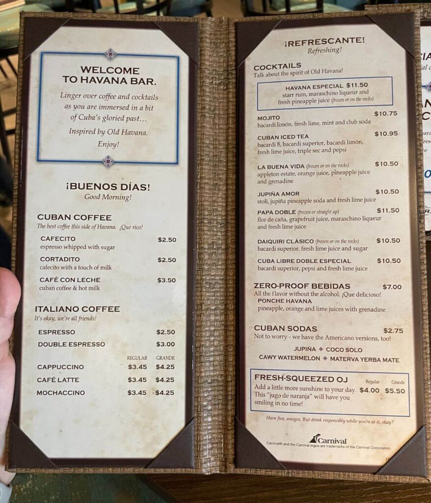 Carnival Havana bar drinks menu