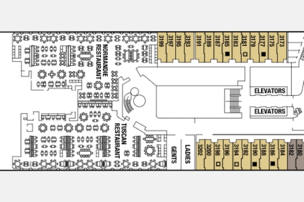 A section of a Celebrity Cruises deck plan, detailing a Tuscan Restaurant layout with adjacent restrooms, elevators, and several highlighted cabins on the side.