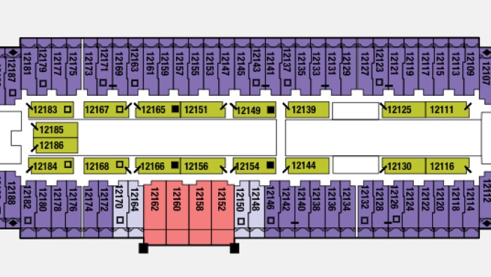 Deck plan of a Celebrity Cruises ship showing the layout of various staterooms. Highlighted in red are rooms 12152, 12158, and 12162, which may be special cabins or areas of interest on the ship.