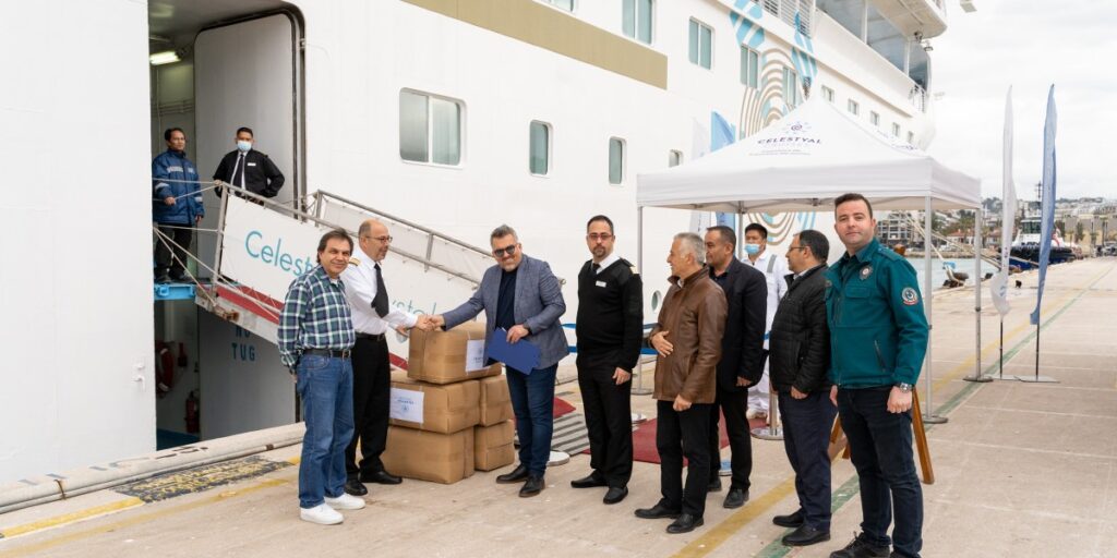 Celestyal Cruises ship delivering earthquake relief equipment