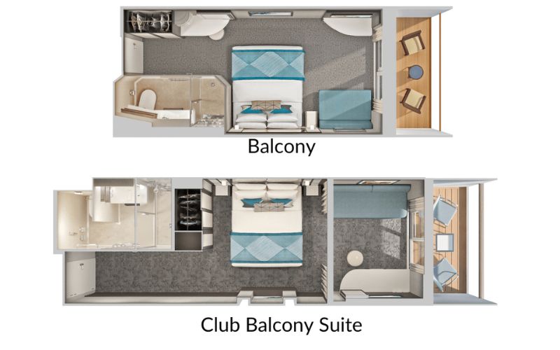 Diagram comparing the layouts of a Balcony stateroom and a Club Balcony Suite on a cruise ship. The top layout shows a Balcony stateroom with a compact bathroom, bed, seating area, and balcony. The bottom layout depicts a more spacious Club Balcony Suite with a larger bathroom, ample closet space, a bed, a sofa, and an extended balcony area.