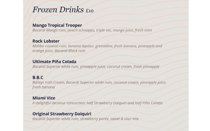 MSC Cruises frozen cocktail menu