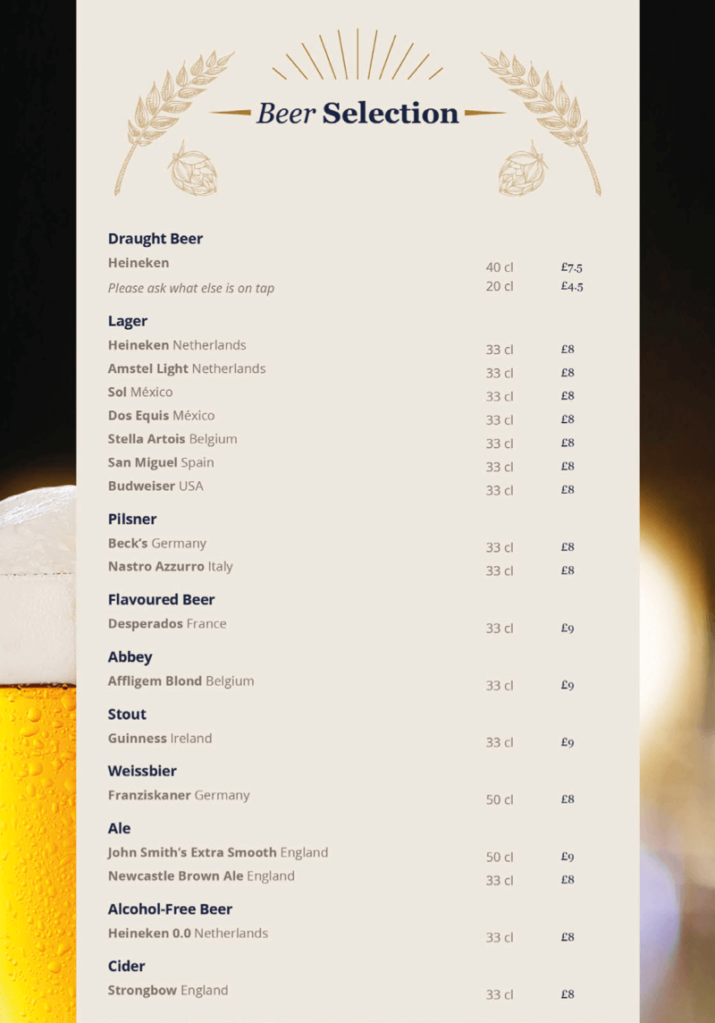 MSC Cruises beer menu