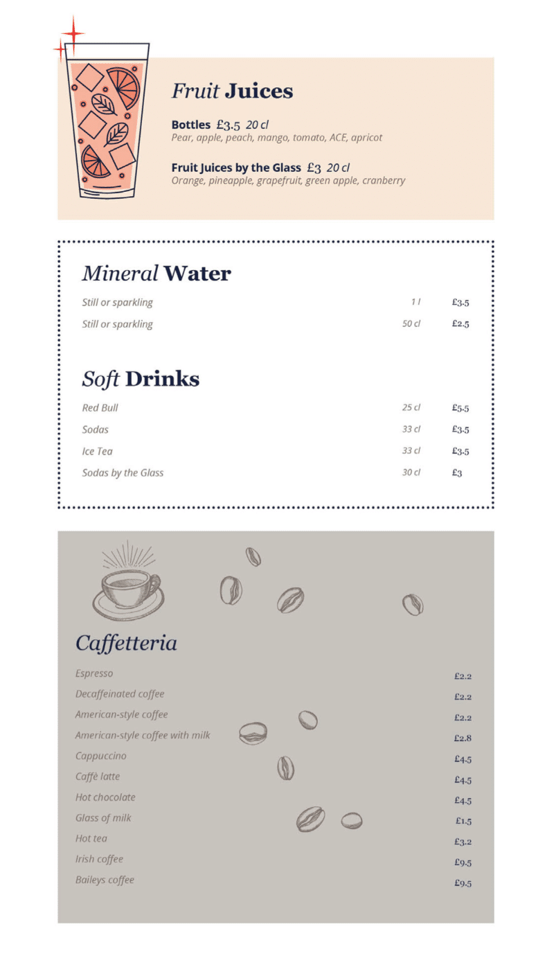 MSC Cruises soft drinks and coffee menu