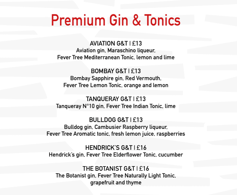 MSC Cruises gin and tonic menu