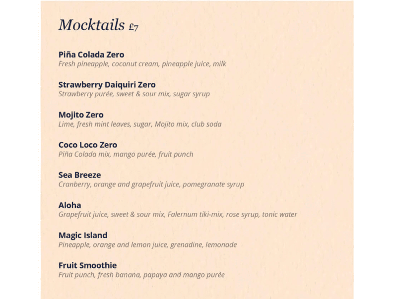 MSC Cruises mocktail menu