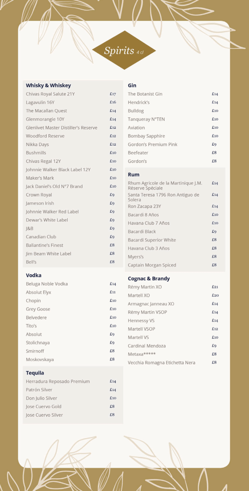 MSC Cruises spirits menu