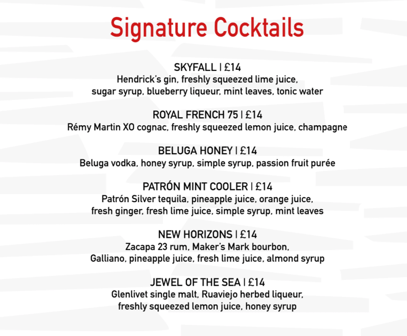 MSC Cruises signature cocktail menu