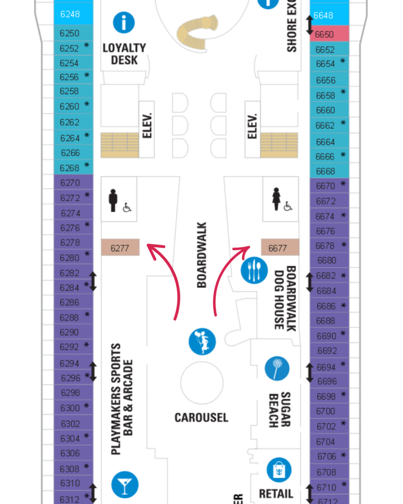 Deck 6 inside cabins next to the toilets