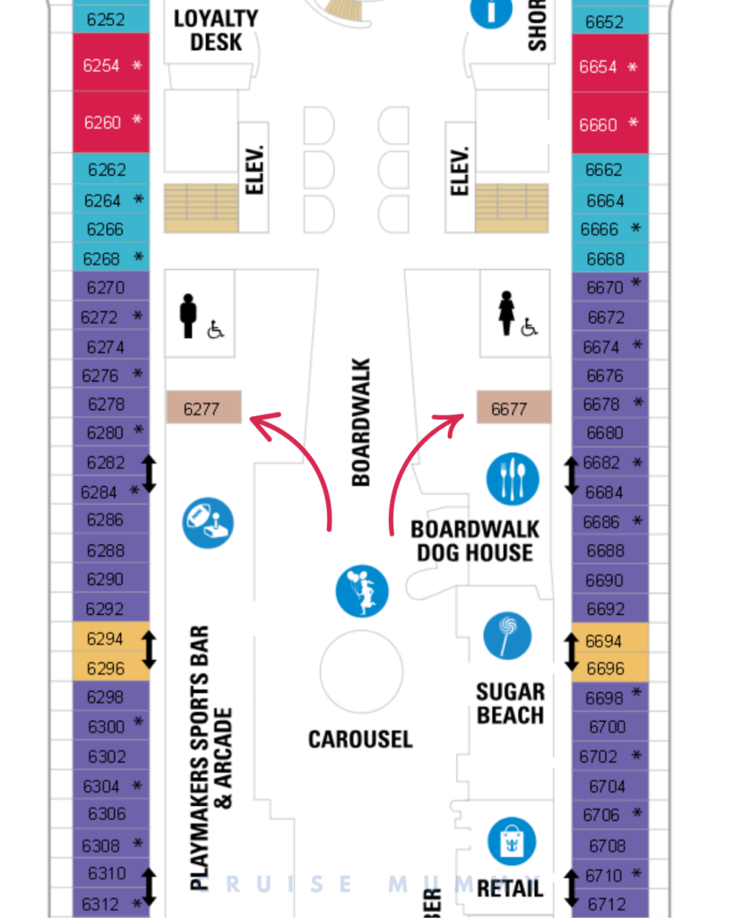 Deck 6 inside cabins on Symphony of the Seas next to the toilets