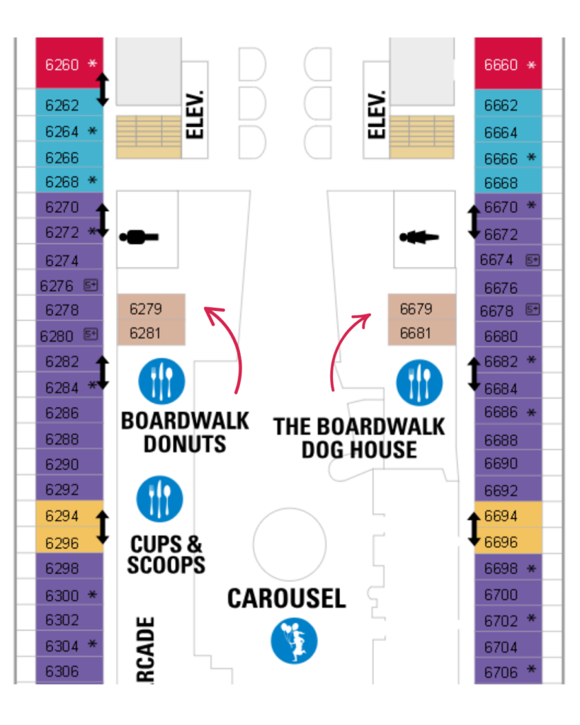 Deck 6 inside cabins next to the toilets
