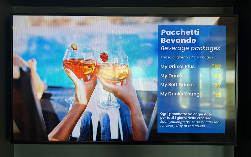 TV screen onboard Costa Smeralda showing drink package prices