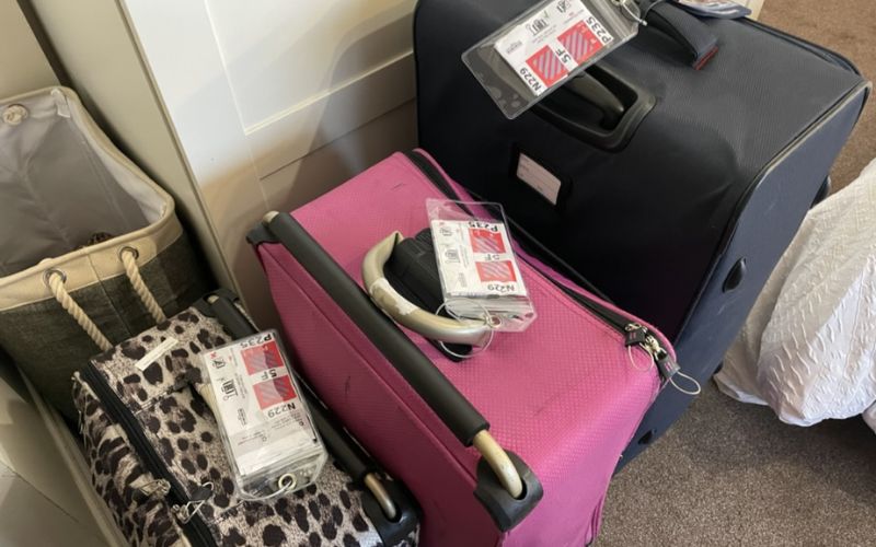 A collection of luggage with cruise tags is arranged in a corner of a room. The luggage includes a leopard print suitcase, a pink suitcase, and a large black suitcase, all with visible tags displaying cabin numbers and other identification details. Nearby is a fabric laundry basket, indicating a well-organized packing setup for a cruise trip.