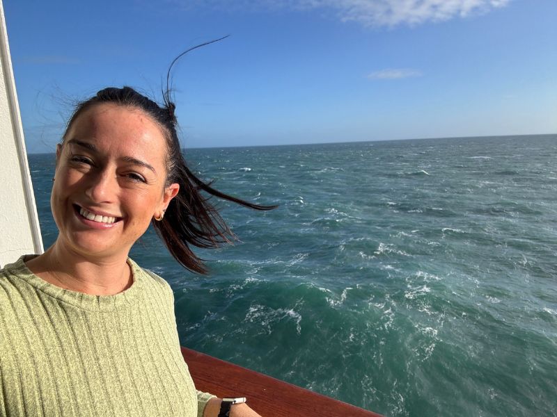 Cruise Mummy on an Ambassador ship balcony view of the sea