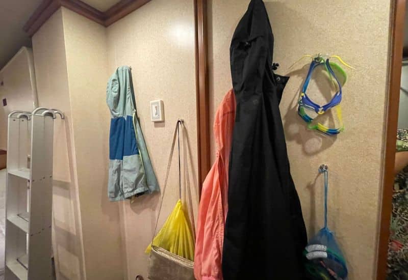 A cruise ship stateroom wall with various items hanging on hooks. Visible are a blue and green jacket, a black coat, a pink jacket, a yellow mesh bag, and a pair of snorkeling masks. The room's practical use of space includes a small ladder and neatly organized personal items.