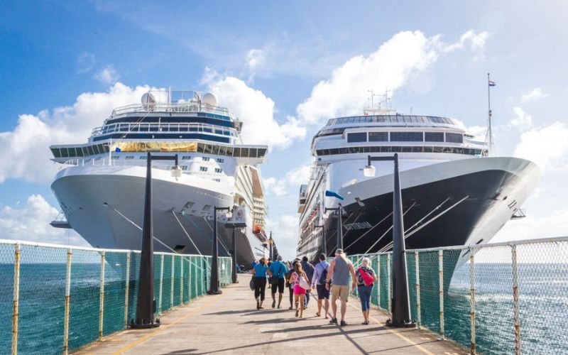 Cruise passengers return to cruise ships at St. Kitts Port Zante cruise ship terminal