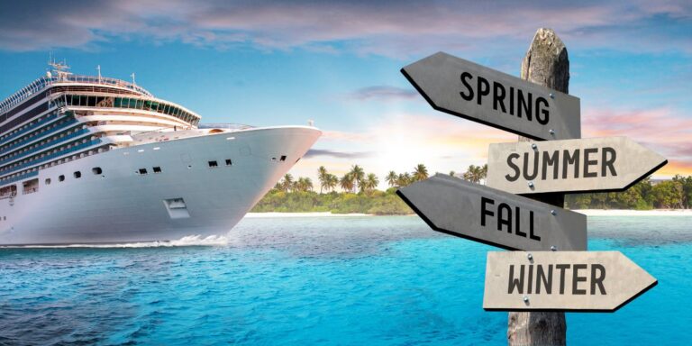 A cruise ship, with a sign pointing in different directions, each with a season: spring, summer, fall, winter