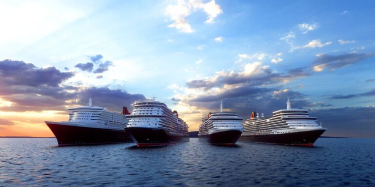 Cunard fleet sailing on the ocean