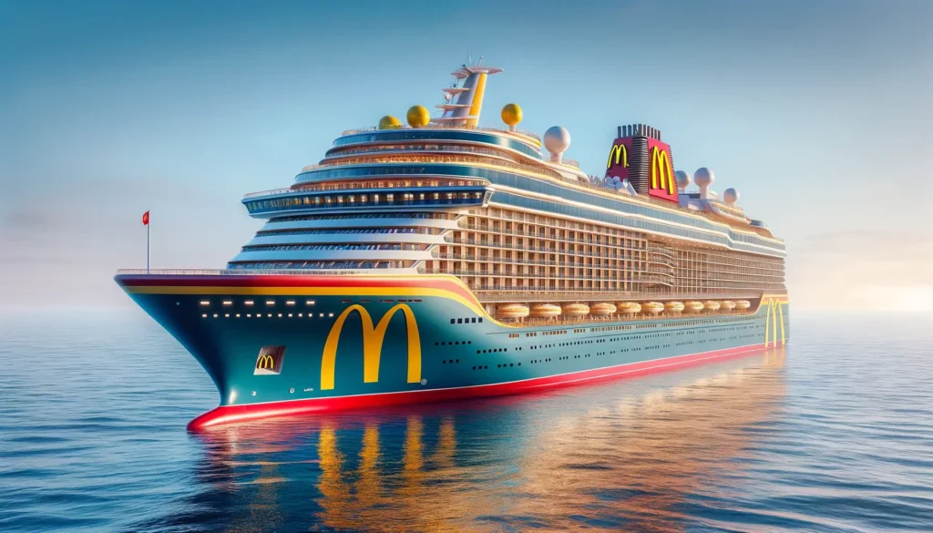 A luxurious cruise ship adorned with the iconic McDonald's logo and colors, sailing on a serene ocean under a clear sky. The ship's exterior is grand and modern, showcasing a playful blend of McDonald's branding with nautical design
