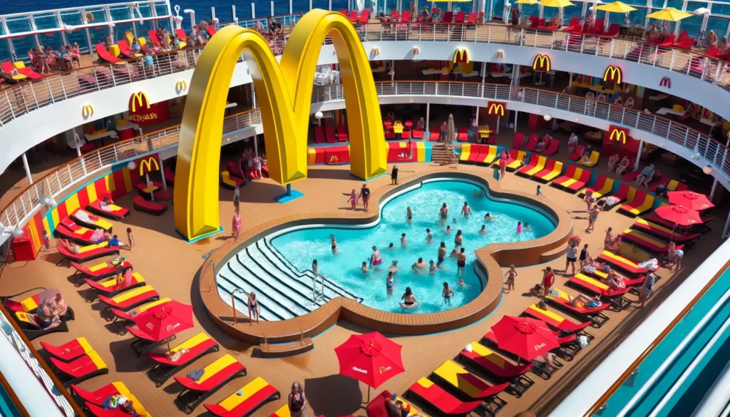The pool area on the McDonald's cruise ship, vibrant and inviting with a large pool shaped like the McDonald's logo. The deck is bustling with guests enjoying the sun on red and yellow loungers under matching umbrellas, embodying the fast-food chain's theme.