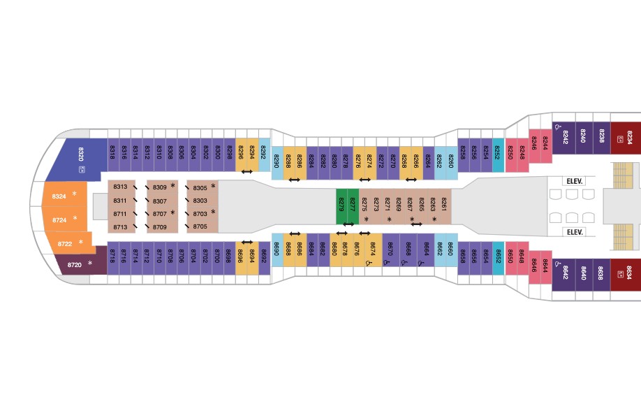 Deck plan of Odyssey of the Seas showing how far rooms are from the elevators