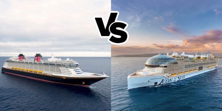 Comparative image showing Disney Fantasy on the left and Royal Caribbean's Icon of the Seas on the right, illustrating the differences in design and scale between the two luxury cruise liners at sea.