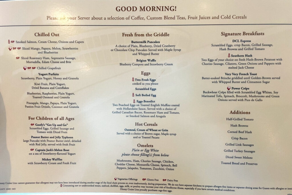 Disney Wish breakfast menu