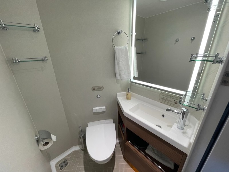 Modern split bathroom design on the Disney Wish cruise ship, featuring a white toilet, vanity with sink, and mirror with illuminated borders, alongside towel racks and neutral-toned walls.