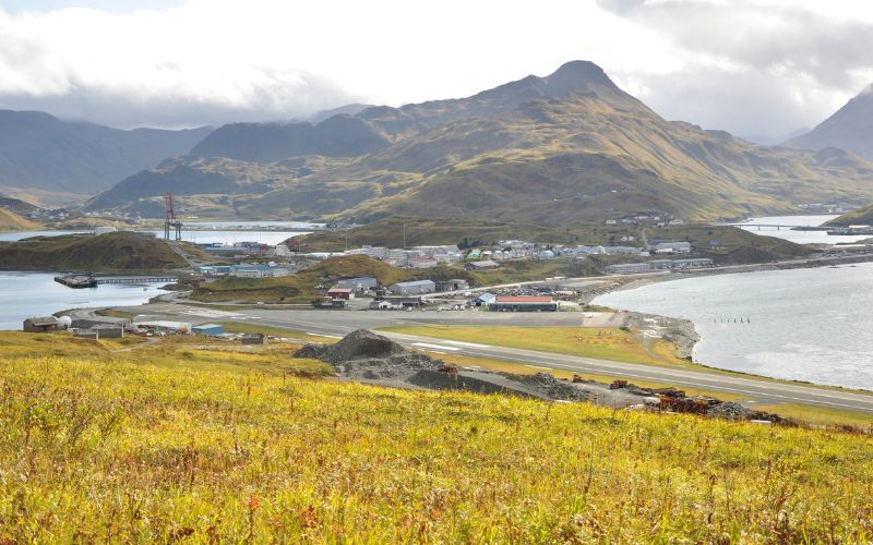 A panoramic view of Dutch Harbor, Alaska, captured from a high vantage point. The landscape showcases a blend of rugged mountains and autumn-hued tundra leading down to the busy harbor area, where infrastructure and scattered buildings are visible along the coastline. The harbor serves as a central hub for fishing boats, set against the backdrop of overcast skies and dramatic terrain, highlighting the remote and industrious nature of this Alaskan community.