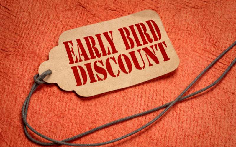 A tag with with "early bird discount" printed onto it.