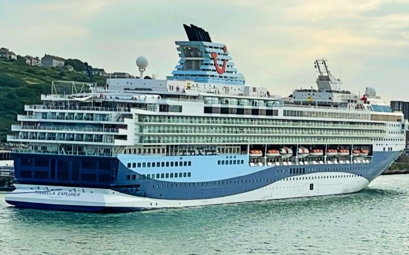 Huge cruise ship named Marella Explorer gloriously sailing the ocean