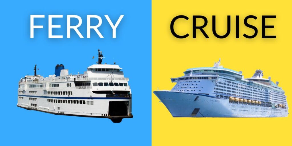 A poster of Ferry vs Cruise ship