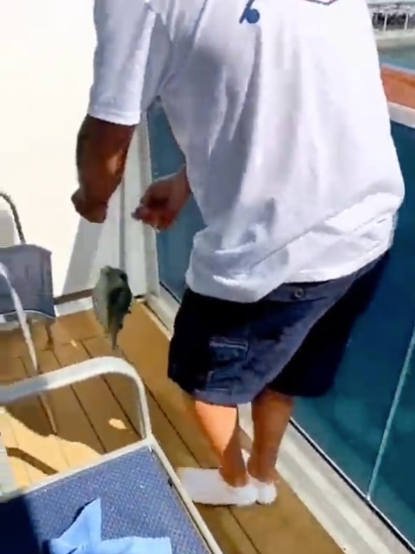 A man that hooked a fish onboard