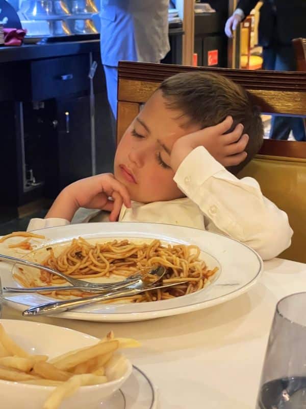 Adam falling asleep in dinner
