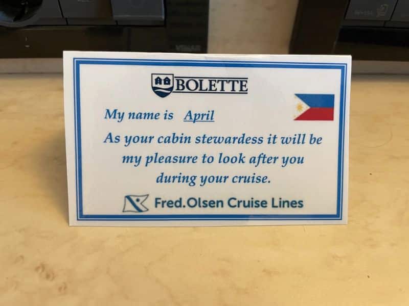 Fred. Olsen Bolette stewardess note