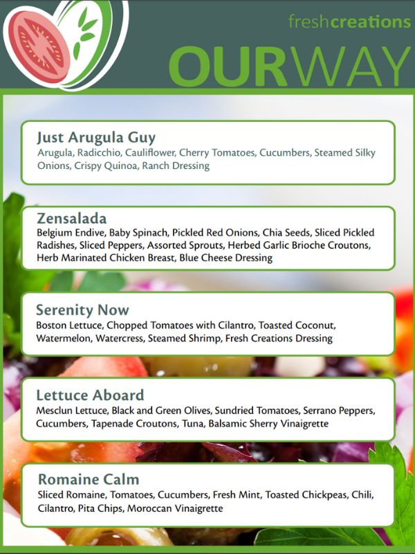 Menu for 'Fresh Creations' featuring vibrant salad options such as 'Just Arugula Guy,' 'Zensalada,' 'Serenity Now,' 'Lettuce Aboard,' and 'Romaine Calm,' each with a unique blend of fresh ingredients and dressings, displayed on a green-themed background with a lively tomato and lime graphic.