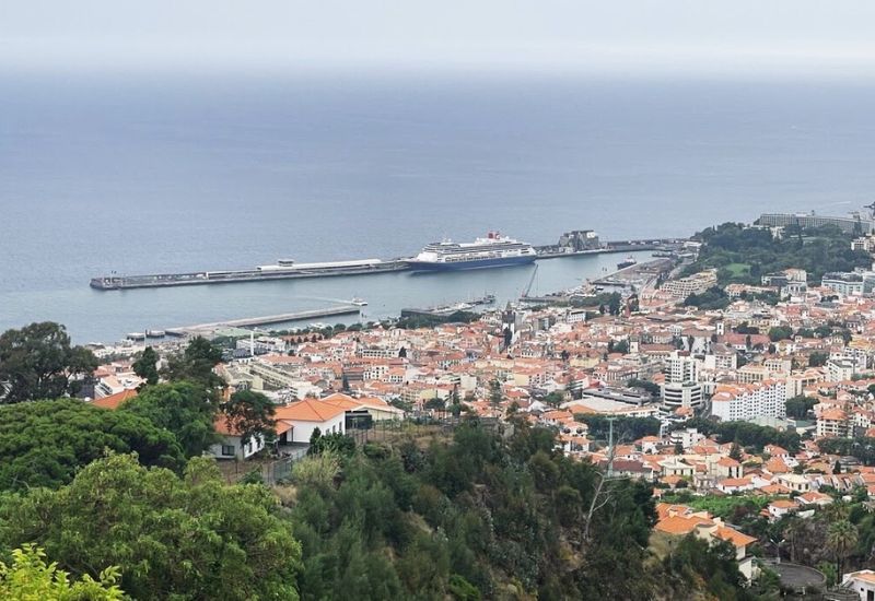 Panoramic view of Funchal, the capital city of Madeira, as seen from a high vantage point. It captures a sprawling urban area with densely packed buildings, including residential homes and larger structures, interspersed with lush greenery. The foreground shows a serene seascape with a cruise ship docked at the lengthy pier, adding a touch of adventure to the peaceful, hazy ocean backdrop.