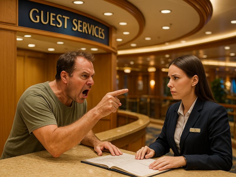 A rude guest complains at the Guest Services desk