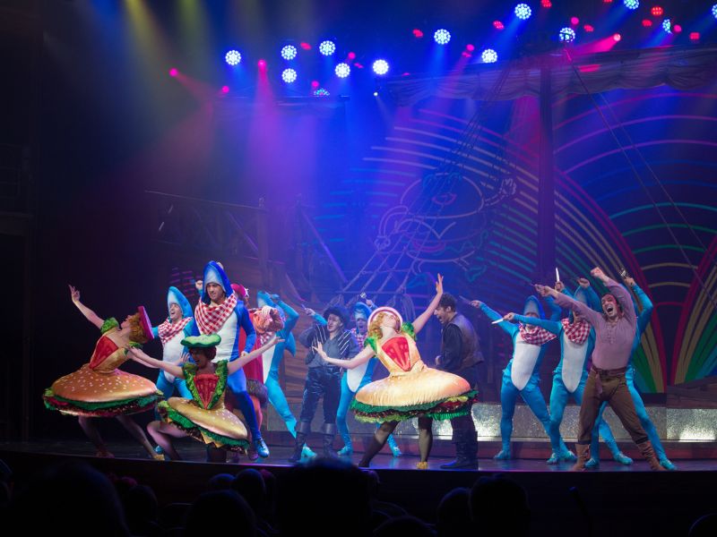 Energetic performance at the Royal Theater on Harmony of the Seas, featuring dancers in vibrant costumes with colorful stage lighting enhancing the dynamic atmosphere.