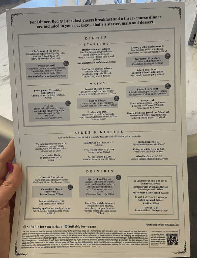 Heythrop Park restaurant menu