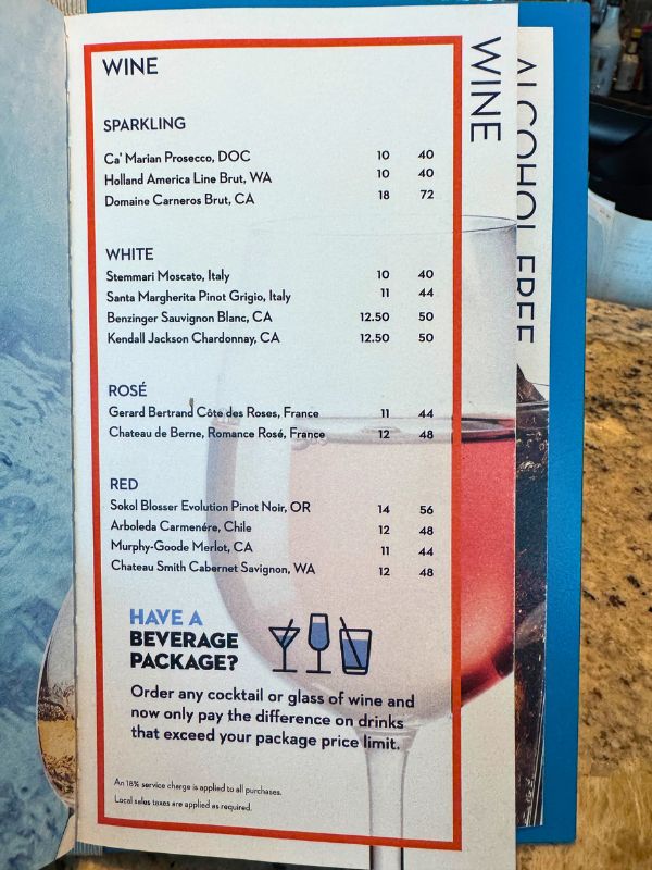 Holland America Line wine menu
